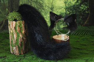 Black faux fur fox ear and tail butt plug wolf tail and ear cat tail and ear kitten ear and tail anime cosplay fox kemonomimi wolf therian petplay