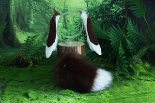 Realistic faux fur lop bunny ear and tail plug set animal cosplay petplay bunny kemonomimi ear and tail set coffee white rabbit ear and tail set bunny play