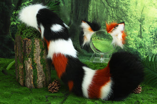 Multicolor stitching faux fur fox ears and tail butt plug curved wolf tail and ears cat tail and ears kitten ears and tail set role play anime cosplay