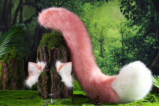Pink and white stitching fox ears and tail butt plug curved wolf tail and ears cat tail and ears kitten ears and tail set anime cosplay role play