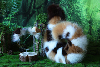 Brown stitching faux fur shepherd dog tail butt plug and ear set shiba Inu dog ear and tail curved puppy tail anime cosplay petplay puppy kemonomimi