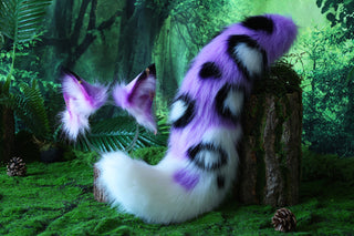 Purple white stitching faux fur fox ears and tail butt plug curved wolf tail and ears cat tail and ears kitten ears and tail anime cosplay role play