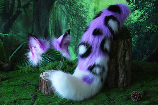 Purple white stitching faux fur fox ears and tail butt plug curved wolf tail and ears cat tail and ears kitten ears and tail anime cosplay role play