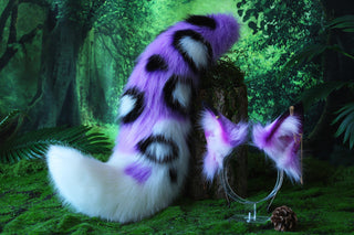 Purple white stitching faux fur fox ears and tail butt plug curved wolf tail and ears cat tail and ears kitten ears and tail anime cosplay role play