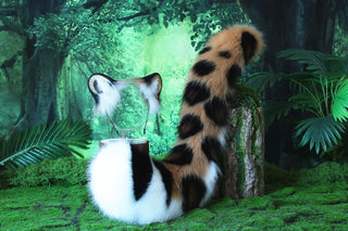 Brown Black Faux Fur Snow Leopard Ear and Tail Butt Plug Set Role Play Realistic Snow Leopard Cosplay Jaguar Ear and Tail Kemonomimi Jaguar Therian
