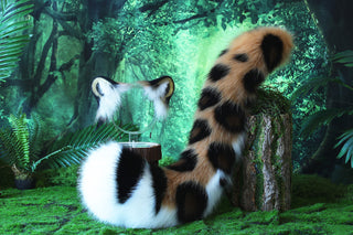 Brown Black Faux Fur Snow Leopard Ear and Tail Butt Plug Set Role Play Realistic Snow Leopard Cosplay Jaguar Ear and Tail Kemonomimi Jaguar Therian