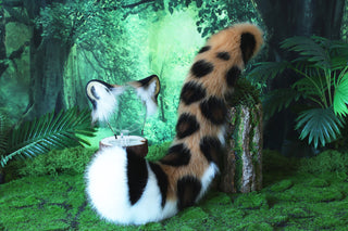 Brown Black Faux Fur Snow Leopard Ear and Tail Butt Plug Set Role Play Realistic Snow Leopard Cosplay Jaguar Ear and Tail Kemonomimi Jaguar Therian