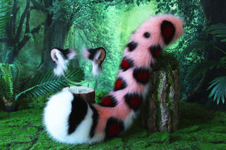 Pink Faux Fur Snow Leopard Ear and Tail Butt Plug Set Role Play Realistic Snow Leopard Cosplay Jaguar Ear and Tail Kemonomimi Jaguar Therian Furry Set