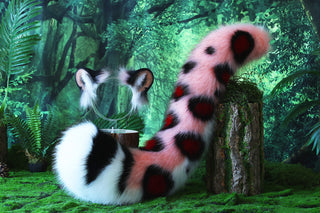 Pink Faux Fur Snow Leopard Ear and Tail Butt Plug Set Role Play Realistic Snow Leopard Cosplay Jaguar Ear and Tail Kemonomimi Jaguar Therian Furry Set