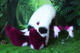 Faux fur 3 tailed kitsune tail plug and ear set purple white 3 fox tails and ears kitten ear and tail wolf ear and tail anime cosplay role play