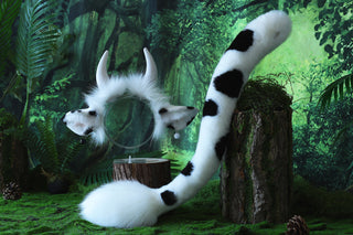 Realistic Faux fur cow ear and tail set kemonomimi cattle tail butt plug and ear headband petplay set anime cosplay furry cow ears with horns therian