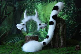 Realistic Faux fur cow ear and tail set kemonomimi cattle tail butt plug and ear headband petplay set anime cosplay furry cow ears with horns therian