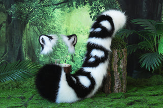 Faux Fur Skull Snow Leopard Ear and Tail Butt Plug Set Role Play Realistic Snow Leopard Cosplay Jaguar Ear and Tail Kemonomimi Jaguar Therian