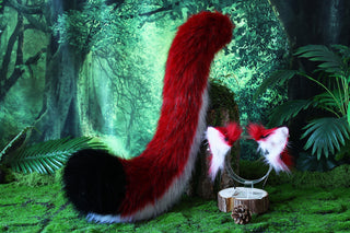 Red white stitching fox ears and tail curved wolf tail plug and ears cat tail and ears kitten ears and tail anime cosplay role play kittenplay