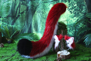 Red white stitching fox ears and tail curved wolf tail plug and ears cat tail and ears kitten ears and tail anime cosplay role play kittenplay