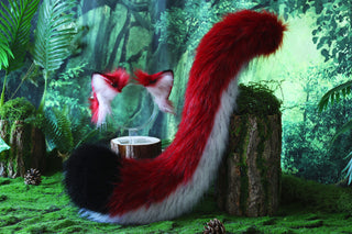Red white stitching fox ears and tail curved wolf tail plug and ears cat tail and ears kitten ears and tail anime cosplay role play kittenplay