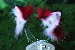 Red white stitching fox ears and tail curved wolf tail plug and ears cat tail and ears kitten ears and tail anime cosplay role play kittenplay
