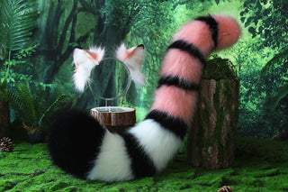 Pink black stripe faux fur fox ears and tail curved wolf tail and ears cat tail butt plug and ears kitten ears and tail set anime cosplay role play