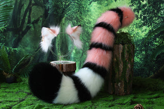 Pink black stripe faux fur fox ears and tail curved wolf tail and ears cat tail butt plug and ears kitten ears and tail set anime cosplay role play