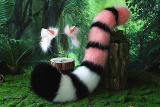 Pink black stripe faux fur fox ears and tail curved wolf tail and ears cat tail butt plug and ears kitten ears and tail set anime cosplay role play
