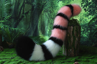 Pink black stripe faux fur fox ears and tail curved wolf tail and ears cat tail butt plug and ears kitten ears and tail set anime cosplay role play