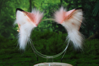 Pink black stripe faux fur fox ears and tail curved wolf tail and ears cat tail butt plug and ears kitten ears and tail set anime cosplay role play