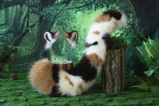 Realistic Brown White Faux fur Snow Leopard Ear and Tail Plug Set Role Play Snow Leopard Cosplay Ear and Tail Kemonomimi Christmas Gift Therian