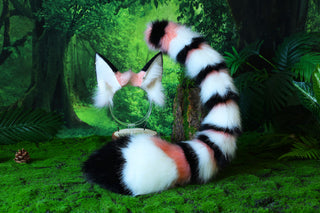 Multicolor stitching faux fur cat ears and tail curved fox tail and ears wolf tail and ears kitten ears and tail set anime cosplay role play