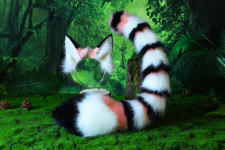 Multicolor stitching faux fur cat ears and tail curved fox tail and ears wolf tail and ears kitten ears and tail set anime cosplay role play