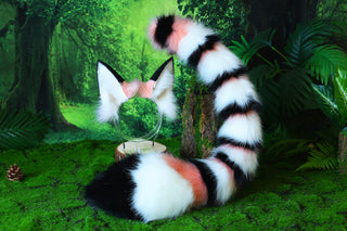 Multicolor stitching faux fur cat ears and tail curved fox tail and ears wolf tail and ears kitten ears and tail set anime cosplay role play