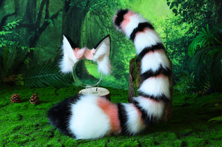 Multicolor stitching faux fur cat ears and tail curved fox tail and ears wolf tail and ears kitten ears and tail set anime cosplay role play