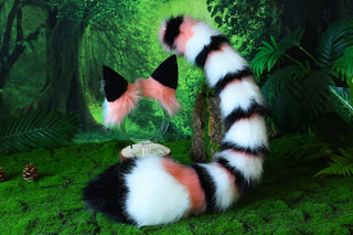 Multicolor stitching faux fur cat ears and tail curved fox tail and ears wolf tail and ears kitten ears and tail set anime cosplay role play