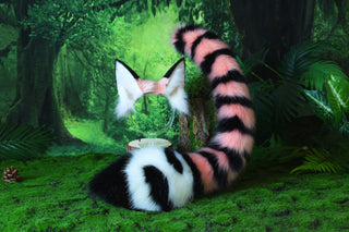 Pink black stripe faux fur cat ears and tail curved wolf tail and ears fox tail butt plug and ears kitten ears and tail set anime cosplay role play