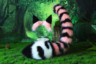 Pink black stripe faux fur cat ears and tail curved wolf tail and ears fox tail butt plug and ears kitten ears and tail set anime cosplay role play