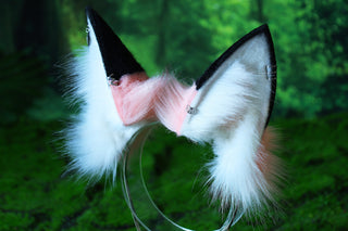 Pink black stripe faux fur cat ears and tail curved wolf tail and ears fox tail butt plug and ears kitten ears and tail set anime cosplay role play