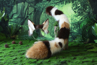 Multicolor stitching faux fur cat ears and tail curved puppy tail and ears wolf tail and ears fox ears and tail butt plug anime cosplay role play