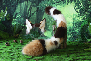 Multicolor stitching faux fur cat ears and tail curved puppy tail and ears wolf tail and ears fox ears and tail butt plug anime cosplay role play