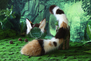Multicolor stitching faux fur cat ears and tail curved puppy tail and ears wolf tail and ears fox ears and tail butt plug anime cosplay role play