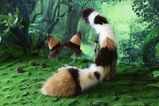 Multicolor stitching faux fur cat ears and tail curved puppy tail and ears wolf tail and ears fox ears and tail butt plug anime cosplay role play