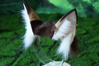 Multicolor stitching faux fur cat ears and tail curved puppy tail and ears wolf tail and ears fox ears and tail butt plug anime cosplay role play