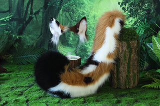 Multicolor stitching faux fur cat ears and tail curved puppy tail and ears wolf tail and ears fox ears and tail set anime cosplay role play