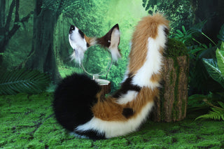 Multicolor stitching faux fur cat ears and tail curved puppy tail and ears wolf tail and ears fox ears and tail set anime cosplay role play