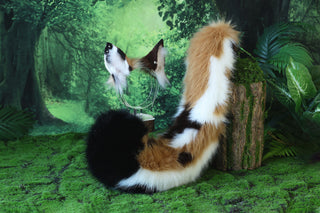Multicolor stitching faux fur cat ears and tail curved puppy tail and ears wolf tail and ears fox ears and tail set anime cosplay role play