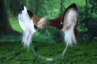 Multicolor stitching faux fur cat ears and tail curved puppy tail and ears wolf tail and ears fox ears and tail set anime cosplay role play