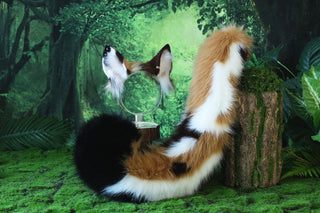 Multicolor stitching faux fur cat ears and tail curved puppy tail and ears wolf tail and ears fox ears and tail set anime cosplay role play