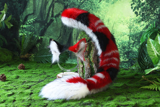 Faux fur red dragon tail plug and ear anime cosplay fluffy tipped dragon wirin wickerbeast fursuit tail ear furry tail lolita kemonomimi therian