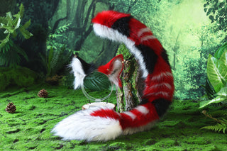 Faux fur red dragon tail plug and ear anime cosplay fluffy tipped dragon wirin wickerbeast fursuit tail ear furry tail lolita kemonomimi therian