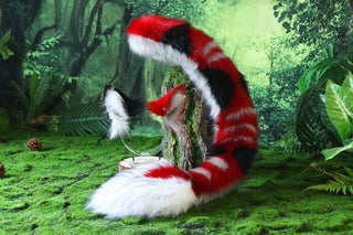 Faux fur red dragon tail plug and ear anime cosplay fluffy tipped dragon wirin wickerbeast fursuit tail ear furry tail lolita kemonomimi therian
