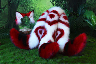 3 tailed kitsune tail and ear set faux fur red white 3 fox tails and ears kitten ear and tail plug set wolf ear and tail butt plug anime cosplay role play