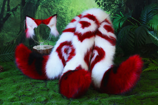 3 tailed kitsune tail and ear set faux fur red white 3 fox tails and ears kitten ear and tail plug set wolf ear and tail butt plug anime cosplay role play